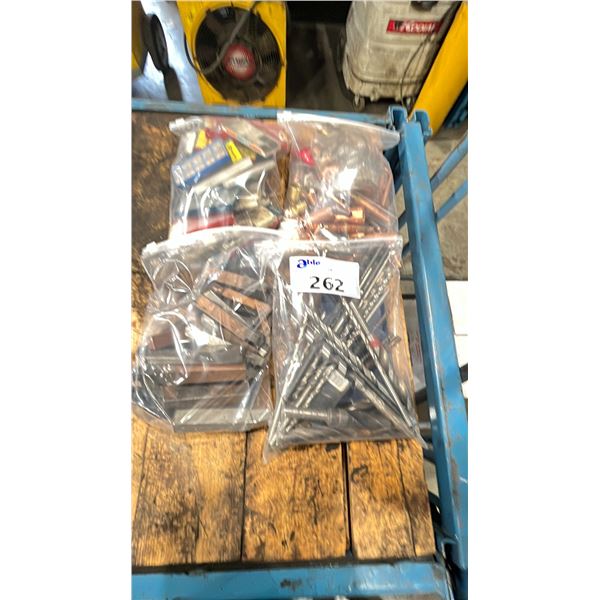 3 BAGS OF ASSORTED MACHINING TOOLS, INSERTS, CUTTERS, DRILL BITS & COPPER TORCH FITTINGS