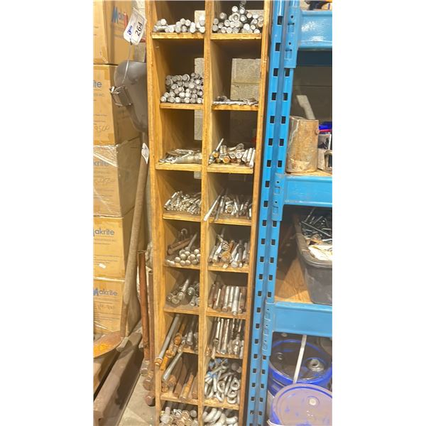 WOODEN 18 COMPARTMENT HARDWARE STORAGE UNIT WITH CONTENTS