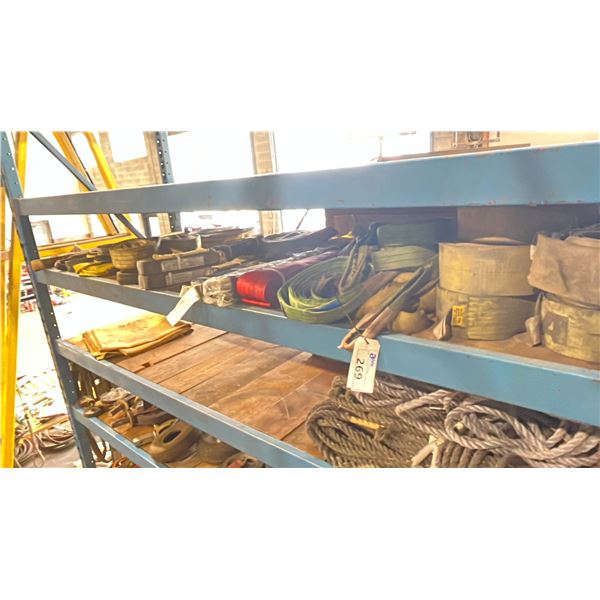 SHELF OF ASSORTED SLINGS & TIE DOWN STRAPPING
