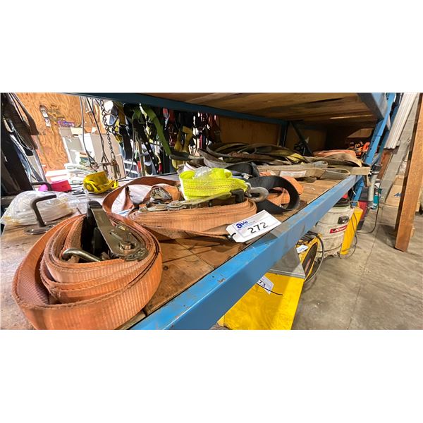 SHELF OF ASSORTED LIFTING SLINGS & RATCHET TIE DOWNS