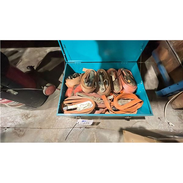 BLUE METAL BOX OF RATCHET TIE DOWN STRAPS
