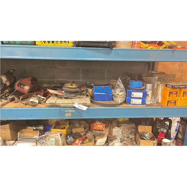 SHELF OF ASSORTED TOOLS, HARDWARE & SHOP SUPPLIES