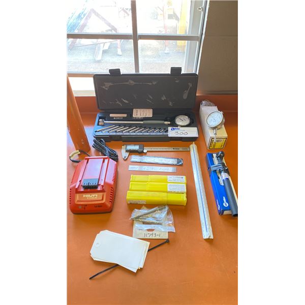 GROUP OF ASSORTED MACHINIST ITEMS - CYLINDER GAUGE, MICROMETER, GAUGE DIAL, HILTI CHARGER,ETC.