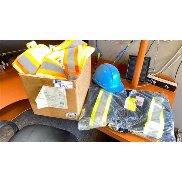 HI-VIZ FLEECE HOODIE SZ.XL, (4) HI-VIZ SECURITY VESTS AND BOX OF ORANGE RAINSHEILDS