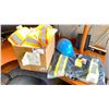 Image 1 : HI-VIZ FLEECE HOODIE SZ.XL, (4) HI-VIZ SECURITY VESTS AND BOX OF ORANGE RAINSHEILDS