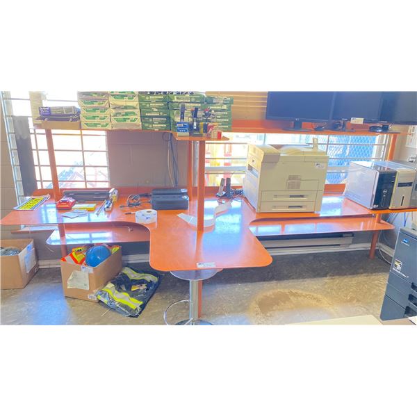 CUSTOM MADE ALL STEEL ORANGE WORK CENTER APPROX. 12FT ACROSS X 5FT WIDE X 4FT HIGH