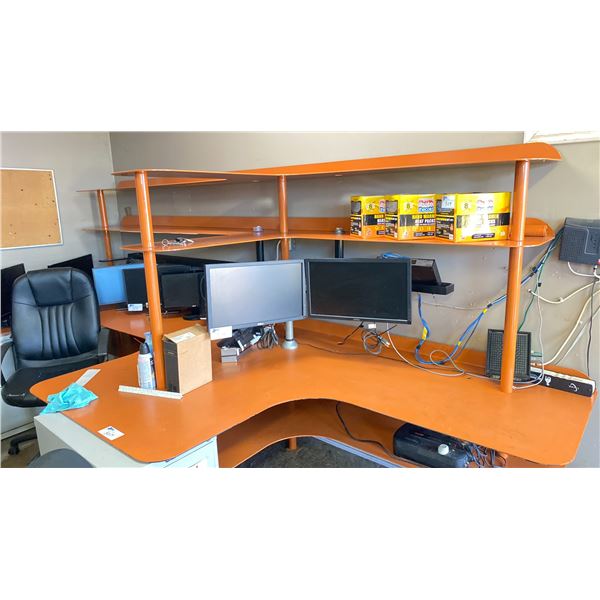 CUSTOM MADE ALL STEEL ORANGE WORK CENTER APPROX. 12FT ACROSS X 5FT WIDE X 4FT HIGH