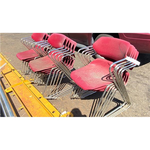 GROUP OF 14 STACKING CHAIRS - METAL WITH BURGUNDY PLASTIC SEATS