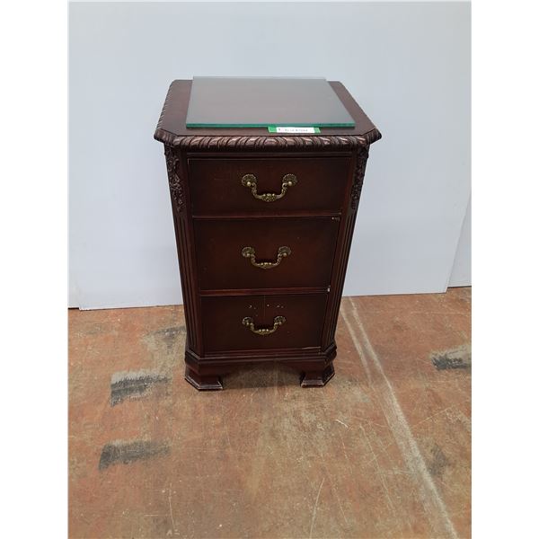 * Vintage Style Three Drawer Night Stand (15"w x14"d x28"h), tempered glass piece - CANNOT SHIP