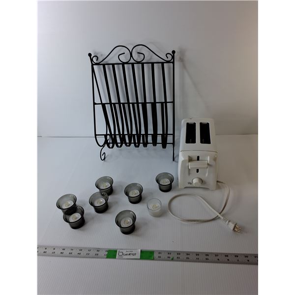 Traditions Toaster- Powers On, Metal Magazine Rack, (8) Battery Tealights & Holders