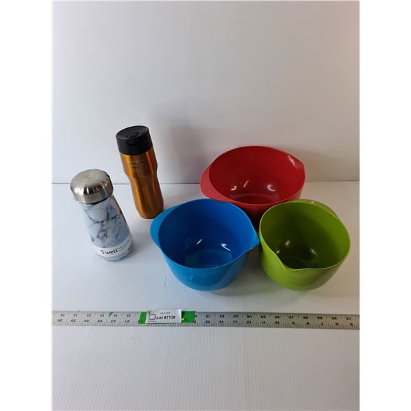 (3) Plastic Mixing Bowls with Spouts, Travel Mug & S'well Water Bottle
