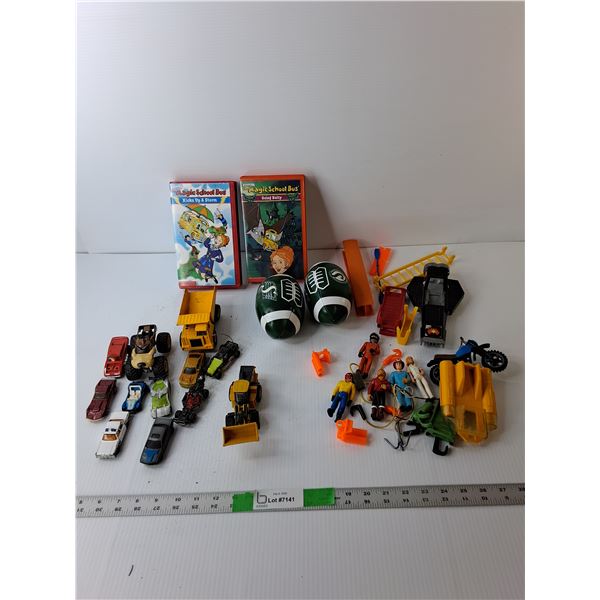 (2) Sask Roughrider Novelty Footballs, (2) Magic School Bus VHS, Die Cast Cars, Misc.