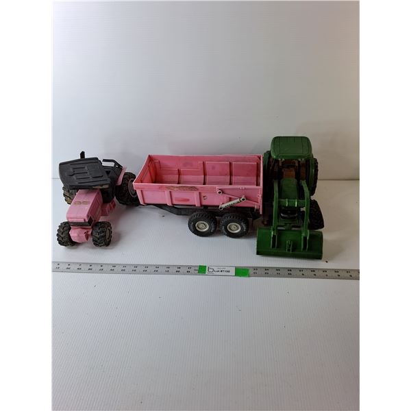 (2) Plastic Toy Tractors- John Deere & Tonka & Trailer, Up to 14" Long- As Is