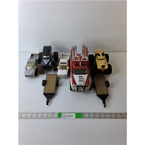 (5) Plastic & Die Cast Toy Vehicles & (2) Trailers Up to 12" Long