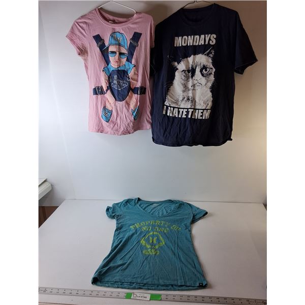(3) Women's Tshirts- Grumpy Cat- M, Vegas- XL, Hurley-L