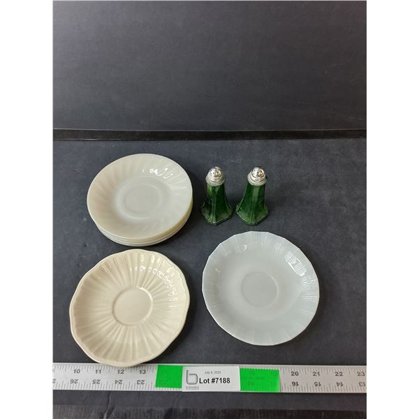 (7) Vintage Dessert Plates-Fire King & Other, Green Glass Salt & Pepper Shakers