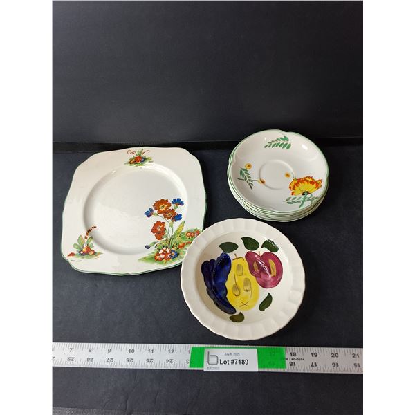 Porcelain Dish Lot- (8) Dessert Plates, Bread Plate, Bowl