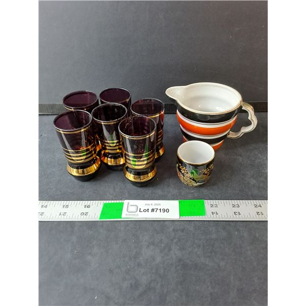 Japanese Creamer & Cup, (6) Shotglasses