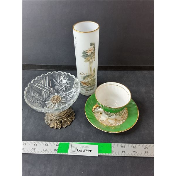 Bone China Teacup & Plate, Crystal Footed Candy Dish, Painted Glass Vase 8" Tall