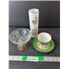 Image 1 : Bone China Teacup & Plate, Crystal Footed Candy Dish, Painted Glass Vase 8" Tall