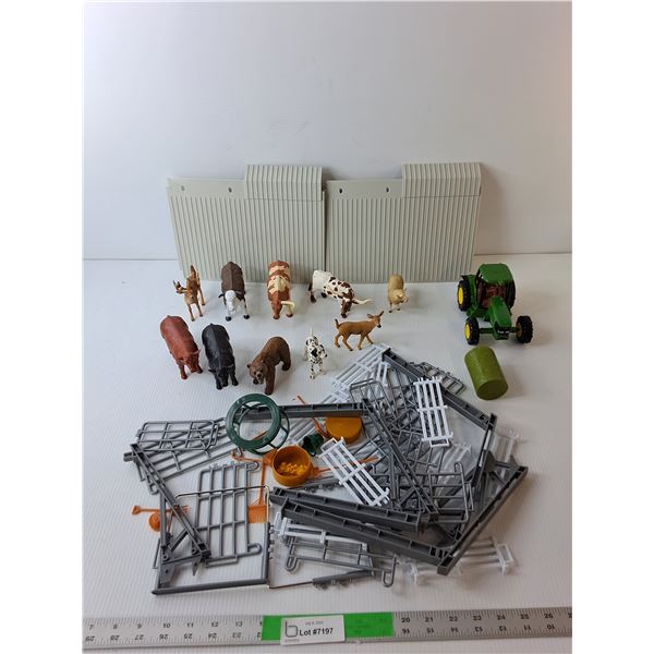 Plastic Toy Farm Lot- Die Cast Tractor, Animals, Fencing, Misc.