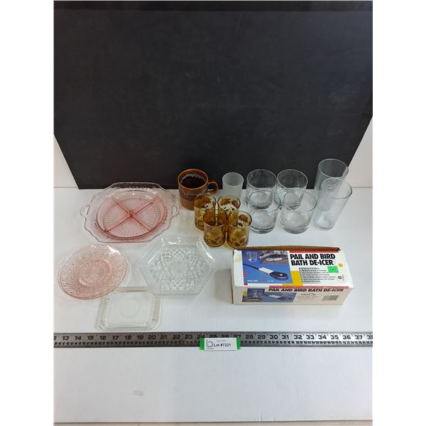 Pink Glass Platter, Assorted Tumblers, Bird Bath De-Icer - Untested