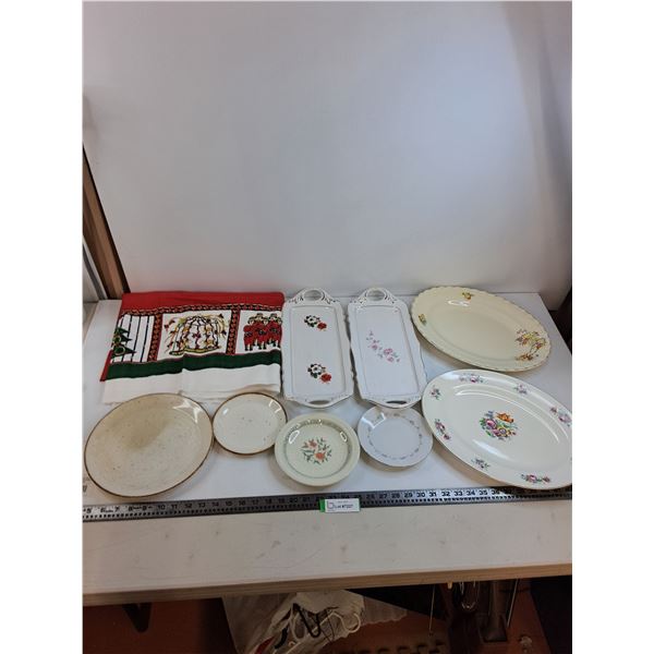 Christmas Table Cloth - 64" x 48", Vintage Platters & Plates