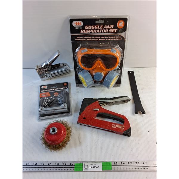 Folding Hex Key Wrench, Goggle & Respirator Set, Roofing Staplers, Wire Brush Attachment