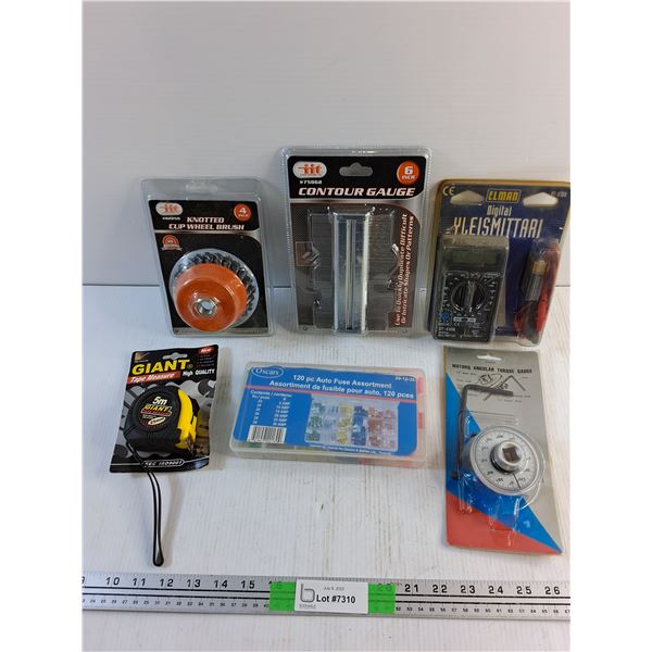 Knotted Cup Wheel Brush, Auto Fuse Assortment, Tape Measure, Torque Gauge, Multimeter and Misc