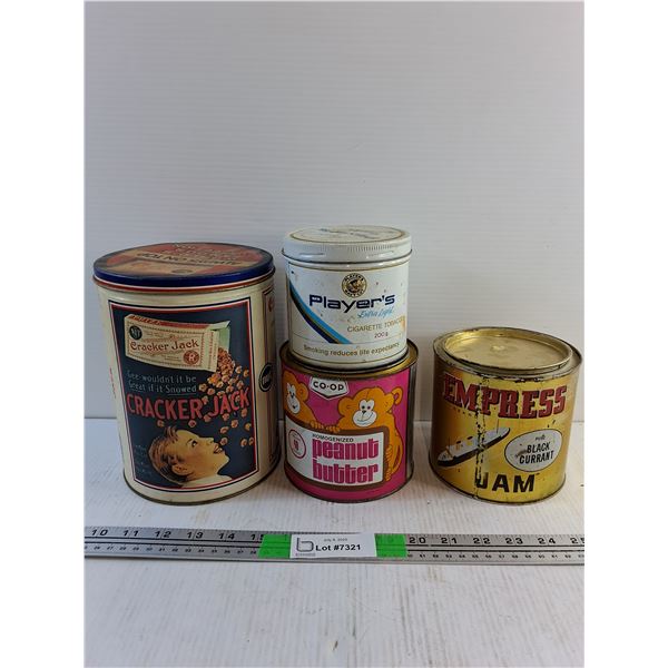 Various Vintage Tins - Cracker Jack, Co Op Peanut Butter and Empress Jam