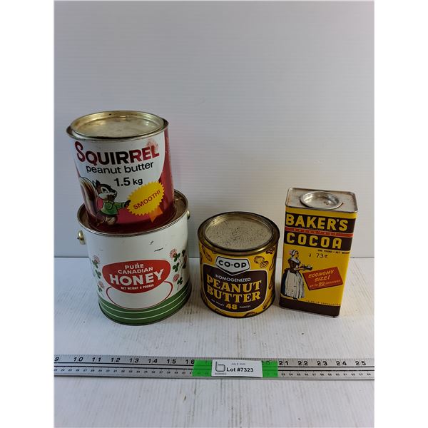 Various Vintage Tins - Bakers Cocoa, Co Op Peanut Butter and Squirrel