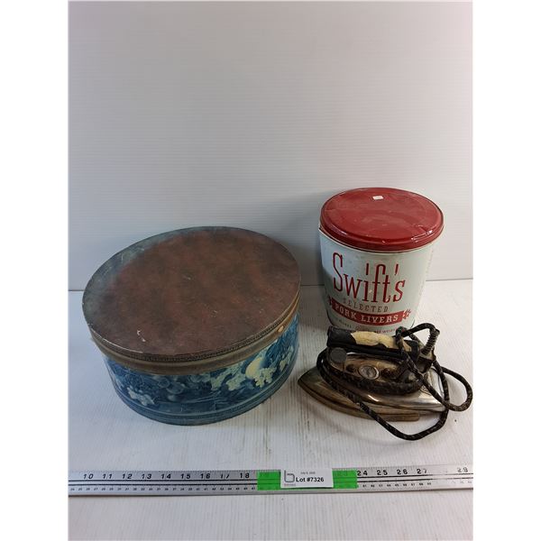 Gian-et Electric Iron - As Is, Hat Box and Swifts Tin with Lid