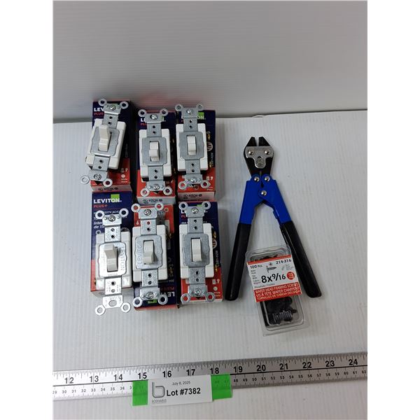 (6) Leviton 15/20 Amp Switch's, Mastercraft Wire Cuters, Framing Screws