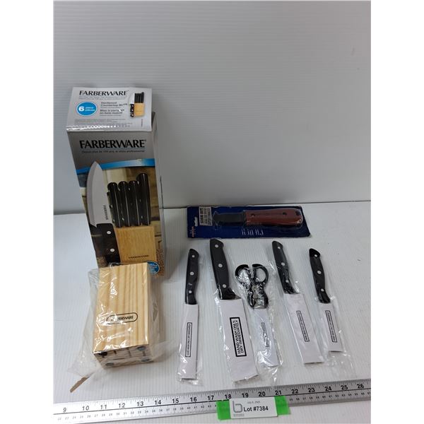 Faberware Knife Block (4) Knifes (1) Scissor, Scoring Knife - As Is