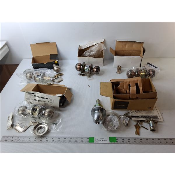 (5) Doorknob Sets, Most Appear NIB, Some Water Damage- Falcon, Yale, Unbranded