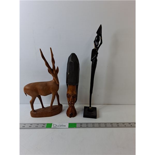 (3) Wood Tribal Figurines Up to 15" Tall