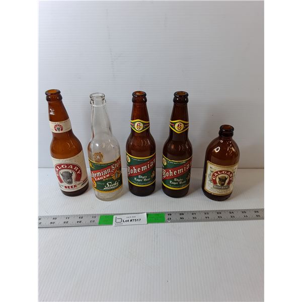 (5) Vintage Glass Beer Bottles- Bohemian & Calgary