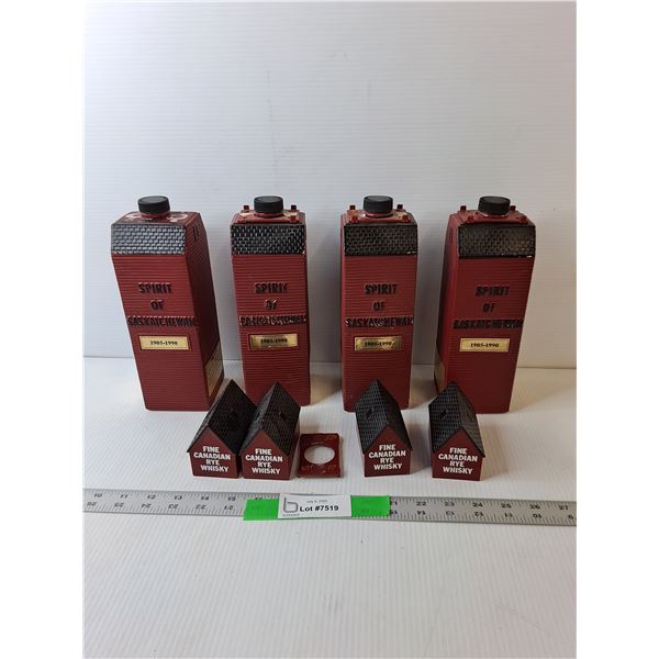 (4) Spirit of Saskatchewan Ceramic Decanters (Empty) 9.5" Tall & (4) Plastic Canadia Rye Model Sheds