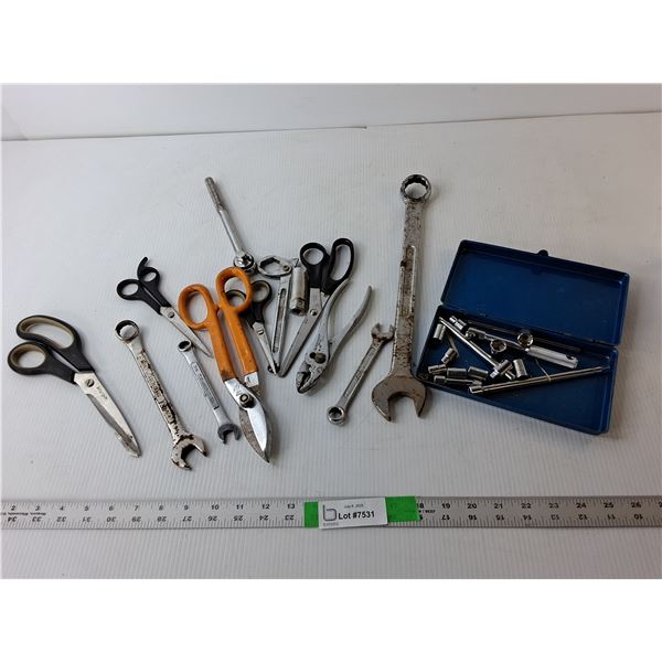 Tool Lot- Wrench, Scissors, Sockets, Misc.