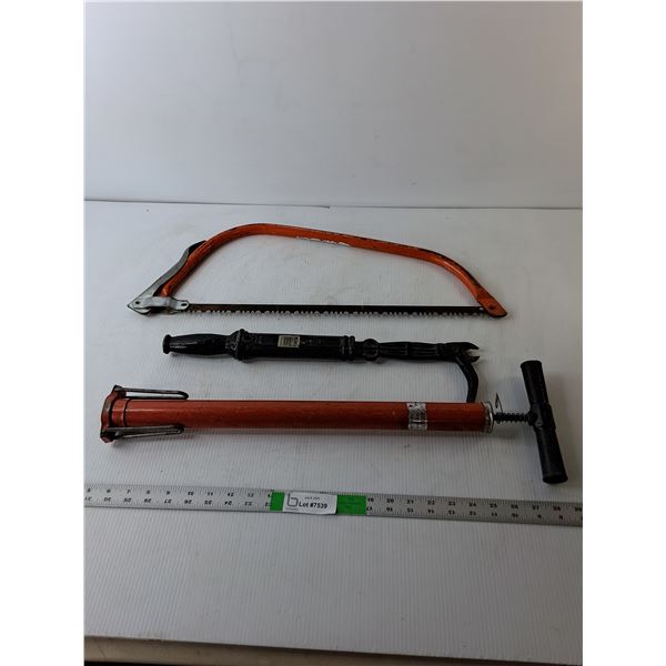 Vintage Tool Lot- Nail Puller, Handsaw 2 Ft Long & Hand Pump