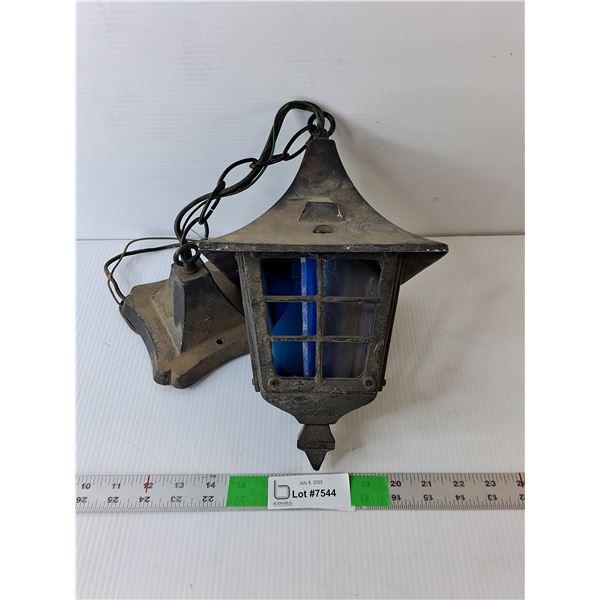 Metal Outdoor Lantern with Blue Glass Sides- As Is