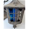 Image 2 : Metal Outdoor Lantern with Blue Glass Sides- As Is
