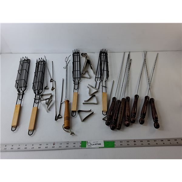 Barbecue Tool Lot- Skewers, Baskets, Clips, Misc.
