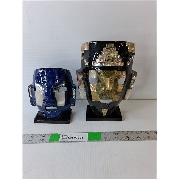 (2) Stone Decorative Masks with Stands, Up to 8" Tall