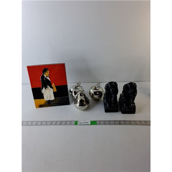 (3) Metal Fruit Paperweights, (2) Thinking Man Bookends, Glass Waiter Art with Stand 10" Tall