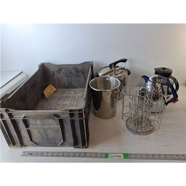 Plastic Crate 24" x 15.75" x 10", Stainless Steel Lagostina Pressure Cooker, Coffee Pot & Tea Kettle