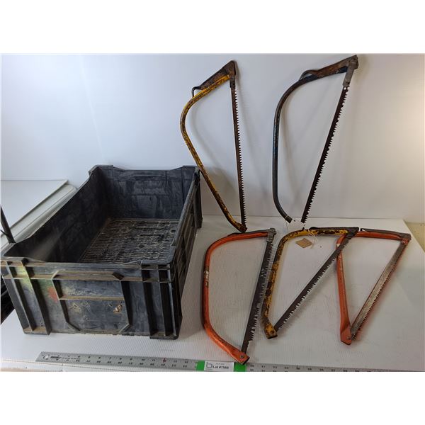 Plastic Crate 24" x 15.75" x 10" & (5) Vintage Hand Saws Up to 24" Long