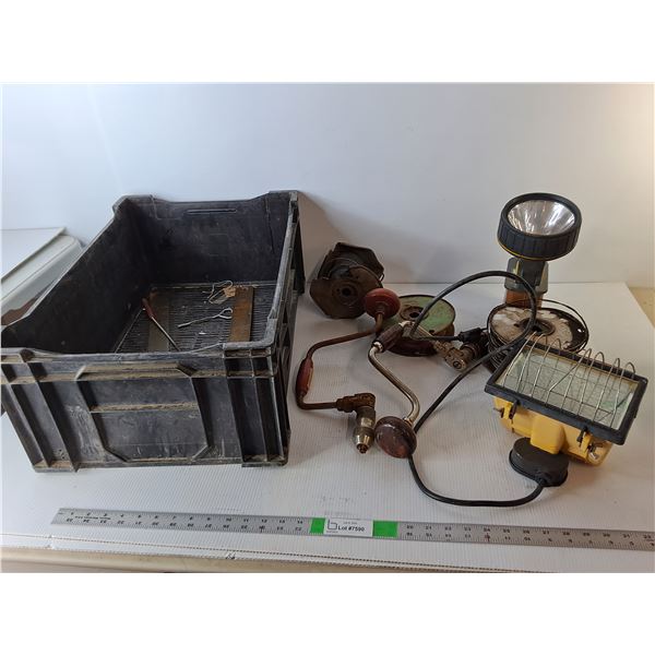 Plastic Crate 24" x 15.75" x 10" & Duracell Flashlight- Powers On, (2) Vintage Hand Drills, Misc.