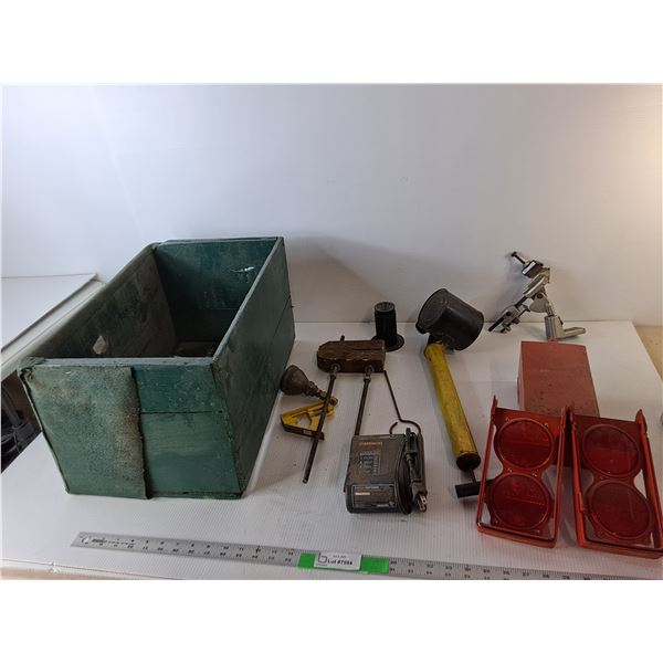 Wood Crate 19.5" x 12" x 11", Craftsman Lithium-Ion Charger, Roadside Reflectors, Misc.