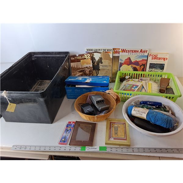 Plastic Storage Tub 22" x 13.5", Illuminated Magnifier, AA Battery Charger, Misc.  - PICK UP